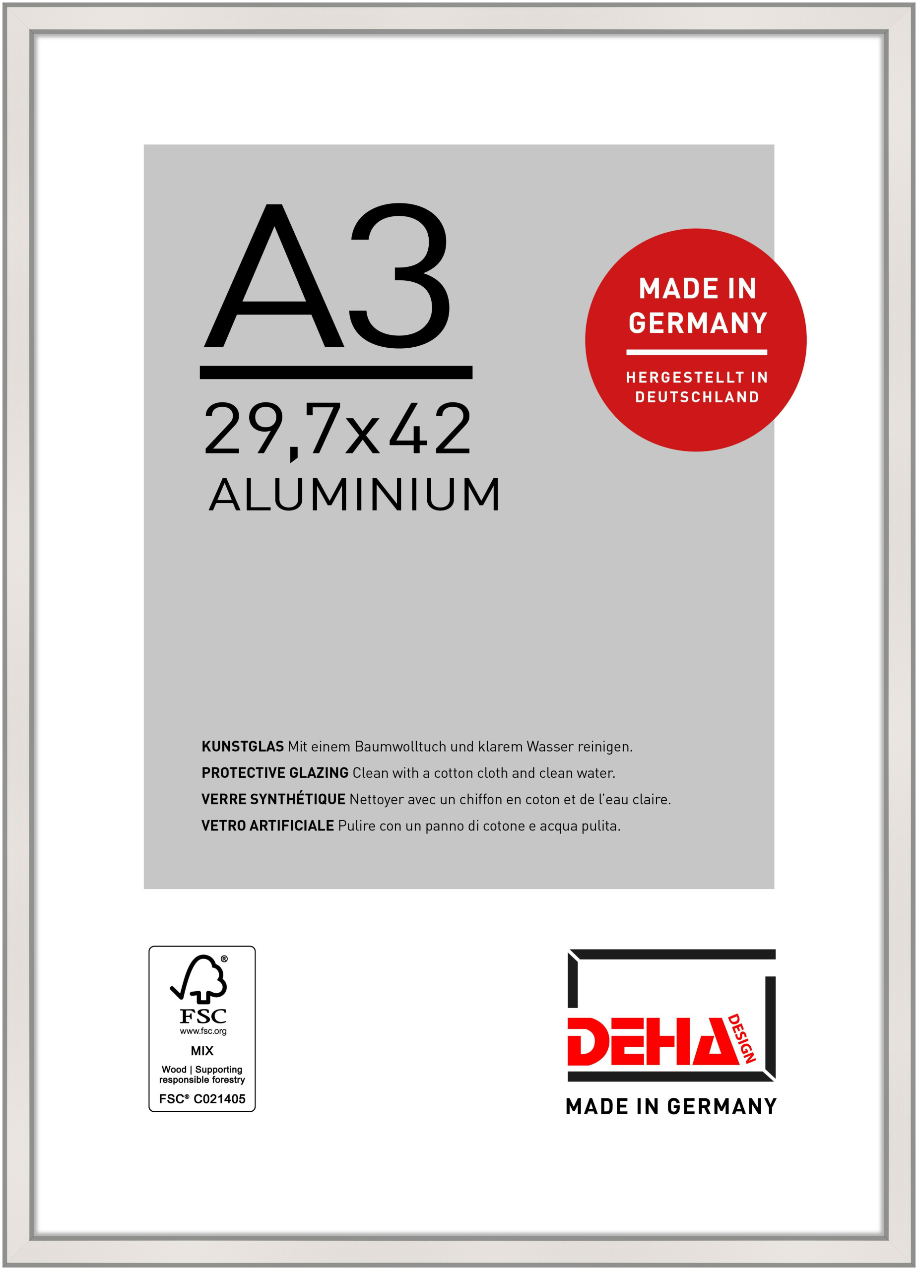 DEHA Design Aluminium Bilderrahmen Boston, 29,7x42 cm (A3), Silber