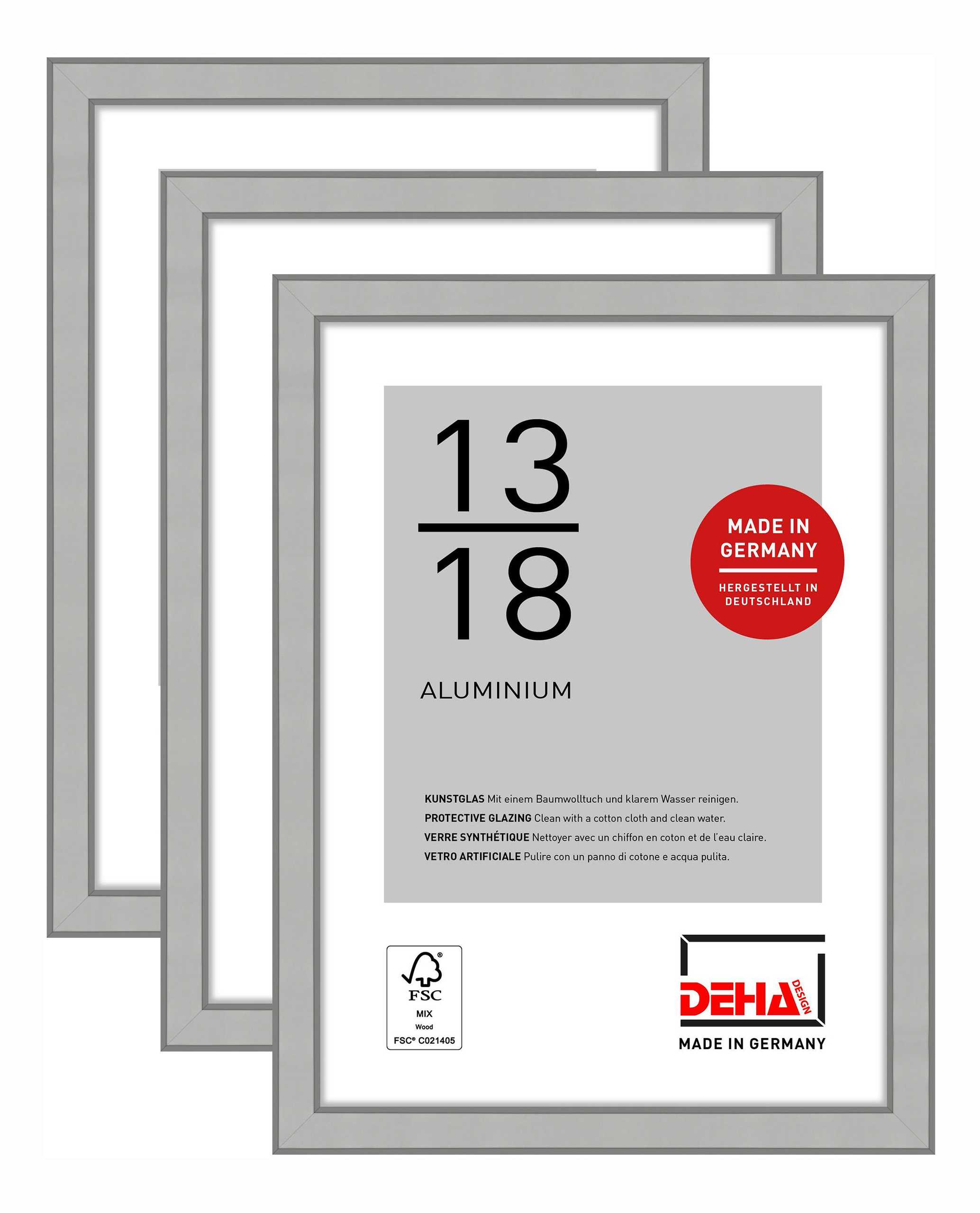 DEHA Design Aluminium Portraitrahmen, Bilderrahmen 3er SET Boston, 13x18 cm, Struktur Silber Matt