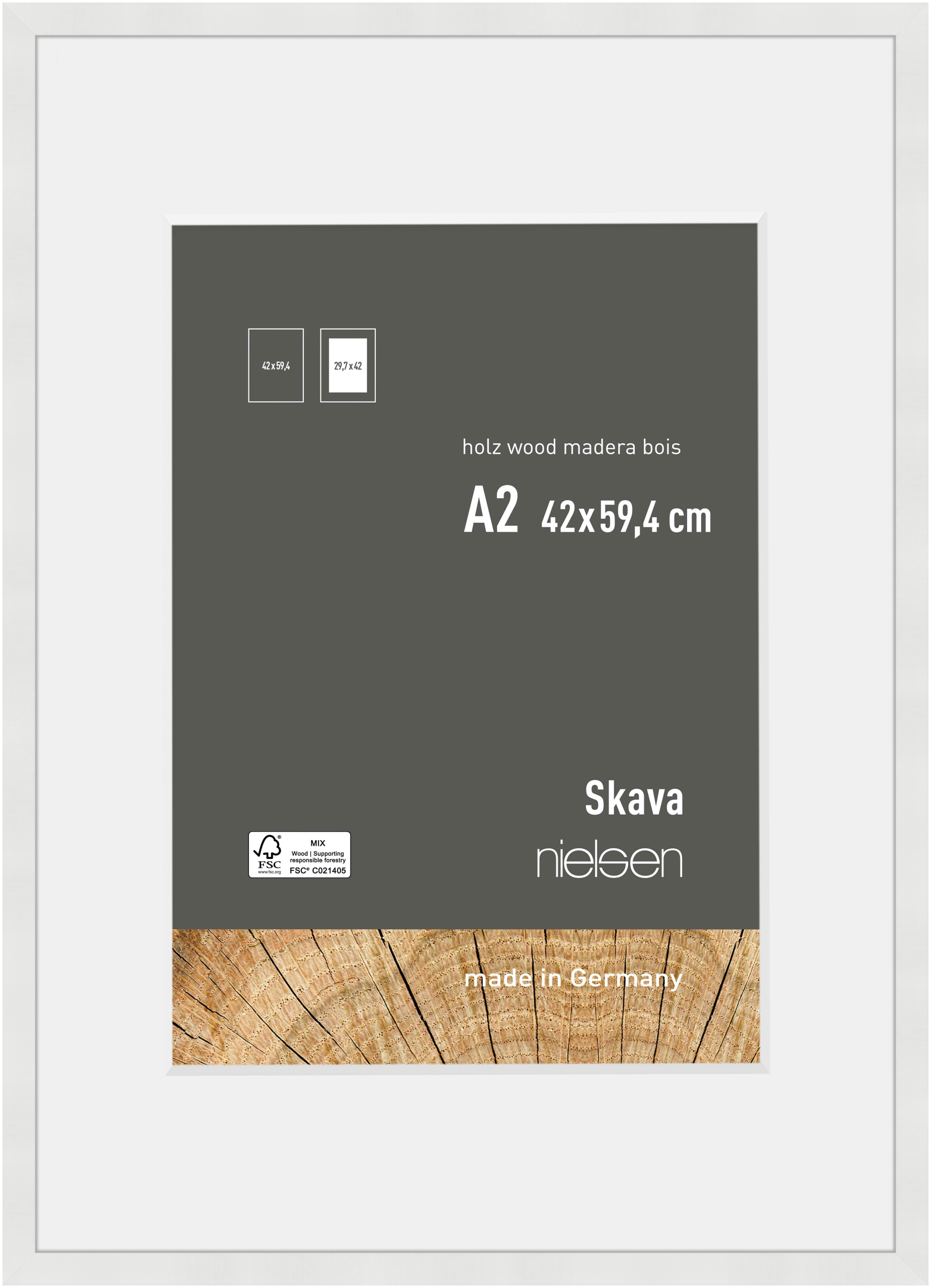nielsen Holz Bilderrahmen Skava Weiß, 42,0 x 59,4 cm (A2) - mit Passepartout 29,7x42 cm (A3) cm