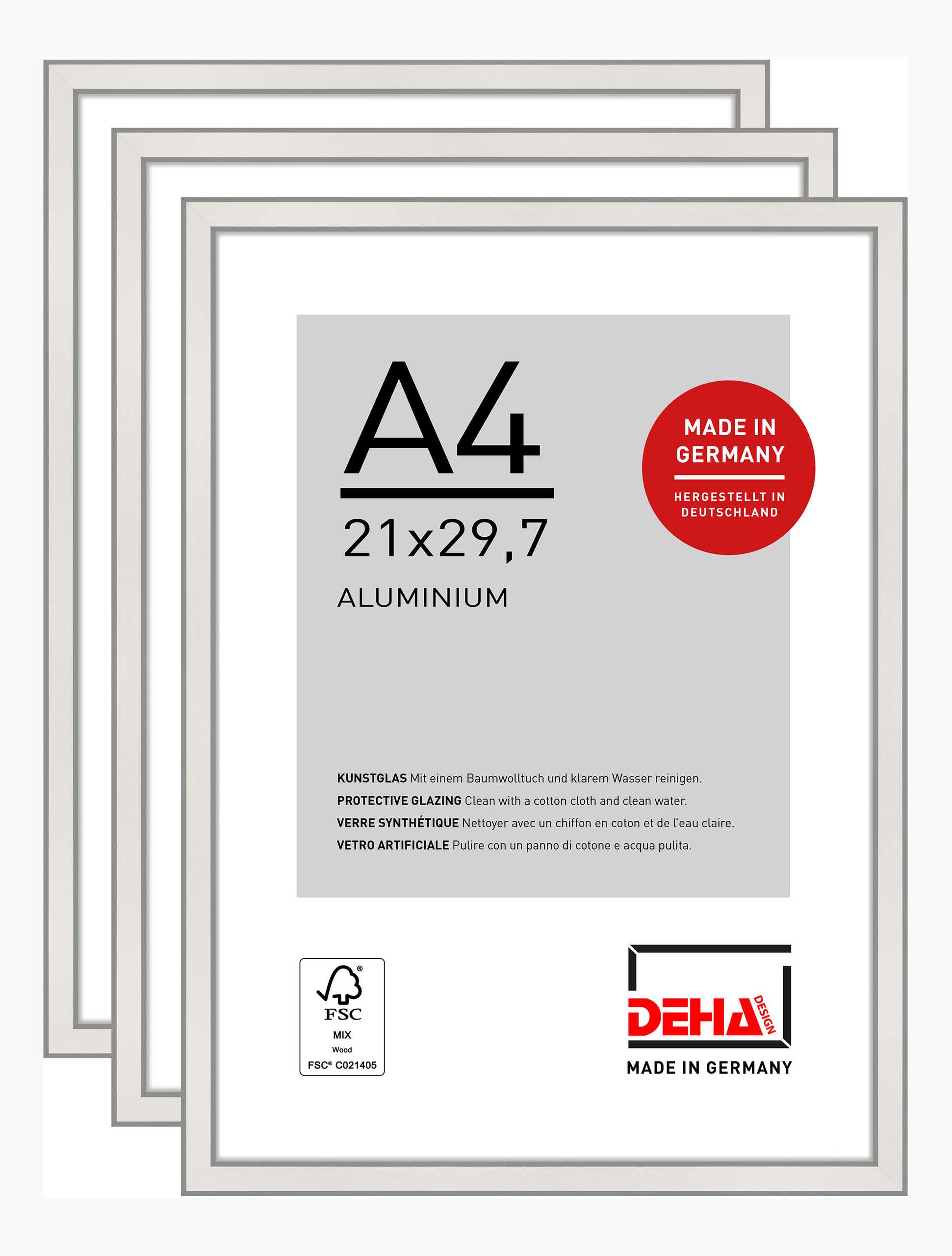 DEHA Design Bilderrahmen Boston (3er Set), A4 21x29,7 cm, Aluminium Silber